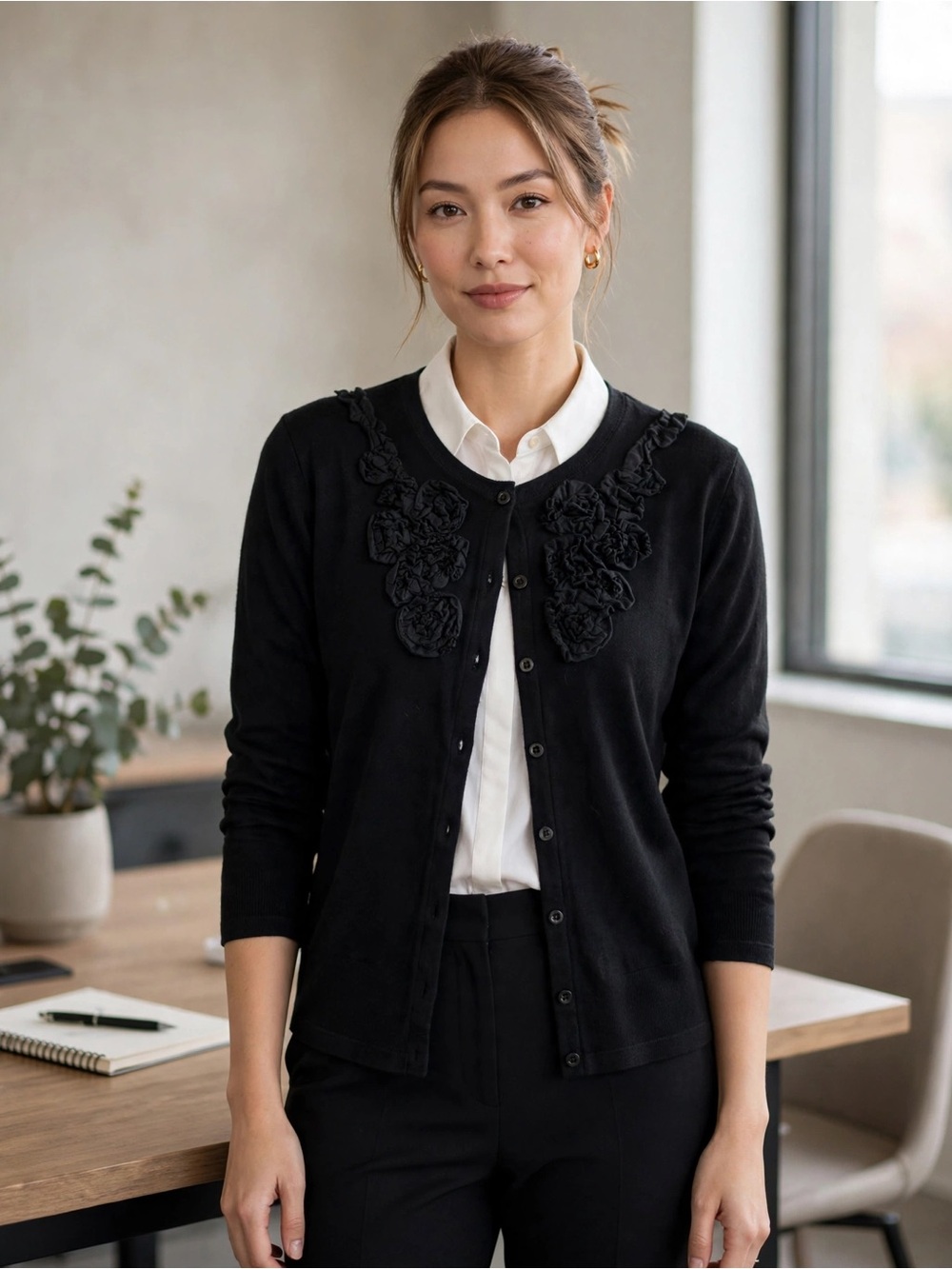 Black Ruffle Floral Appliqué Button-Front Cardigan | Fits M | 100% Cotton